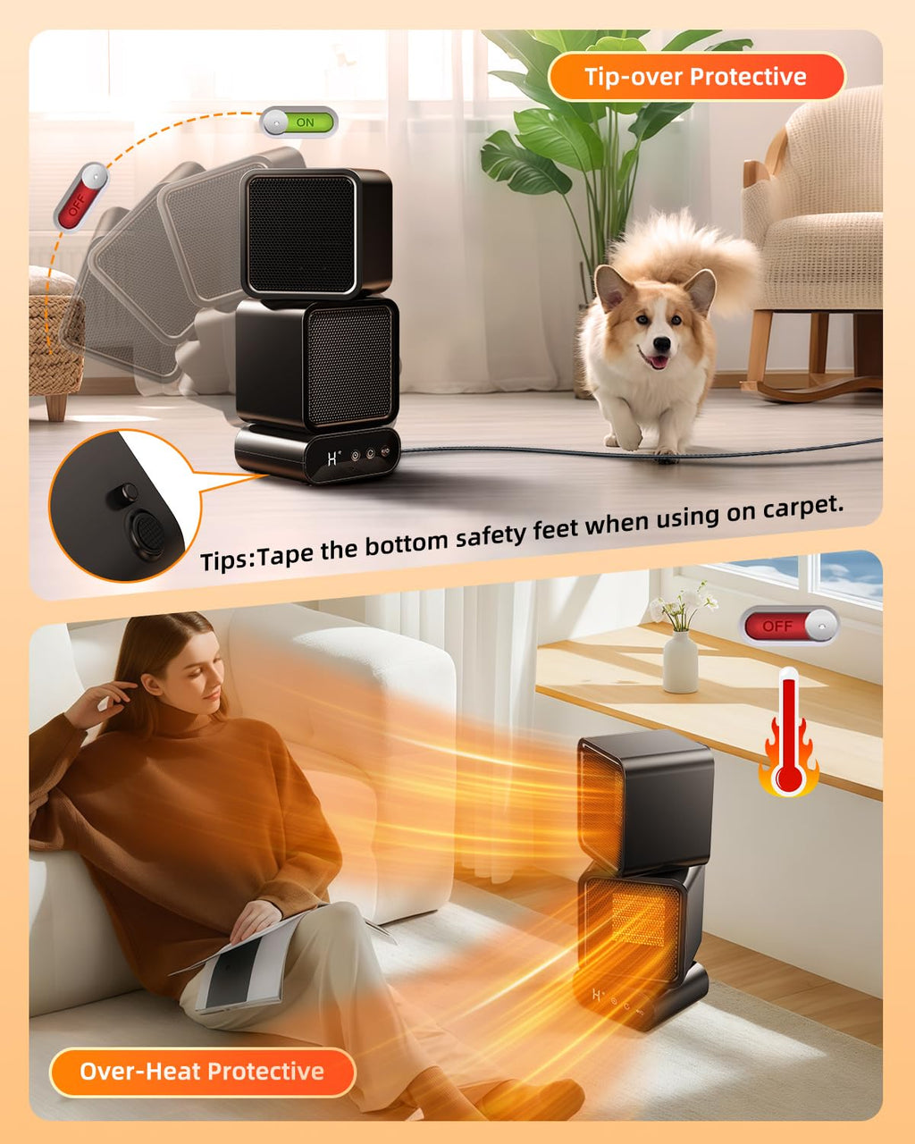 Dual-Head Space Heater with Button & Remote Control, 3 Temperatures & Multi-Angle Adjustable Portable Heater, 5 Timers,1400W Graphene & PTC Ceramic Dual-Core Heating for Office Bedroom Home