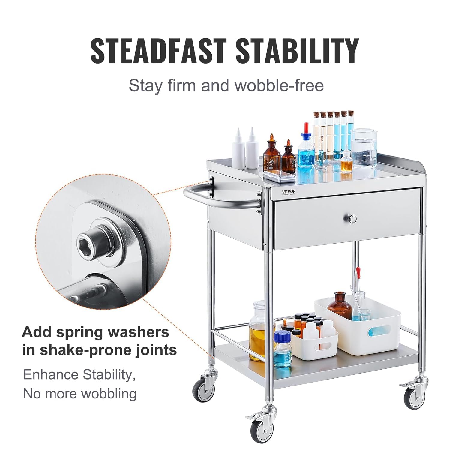 Medical Cart, 2-Layer Stainless Steel Cart 220 lbs Weight Capacity, Lab Utility Cart with 360° Silent Wheels and a Drawer for Lab, Clinic, Kitchen, Salon