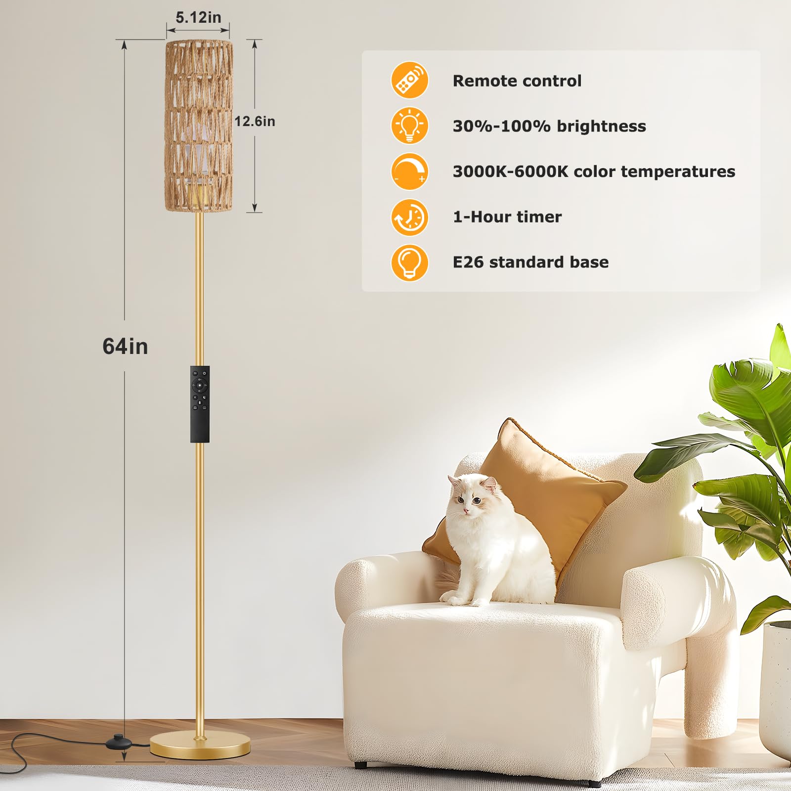 64'' Floor Lamps for Living Room with Remote Control and Stepless Dimmable Colors Temperature & Brightness, Boho Gold Standing Lamp with Beige Rattan Shade