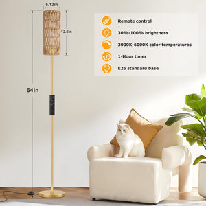 64'' Floor Lamps for Living Room with Remote Control and Stepless Dimmable Colors Temperature & Brightness, Boho Gold Standing Lamp with Beige Rattan Shade