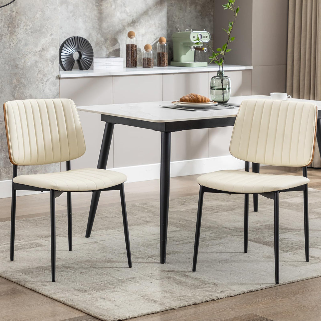 Leather Dining Chairs Set of 4, Mid Century Modern Dining Chairs with Bentwood Backrest and Upholster Seat,Armless Kitchen Chairs with Metal Legs Adjustable Foot for Dining Room(Beige)