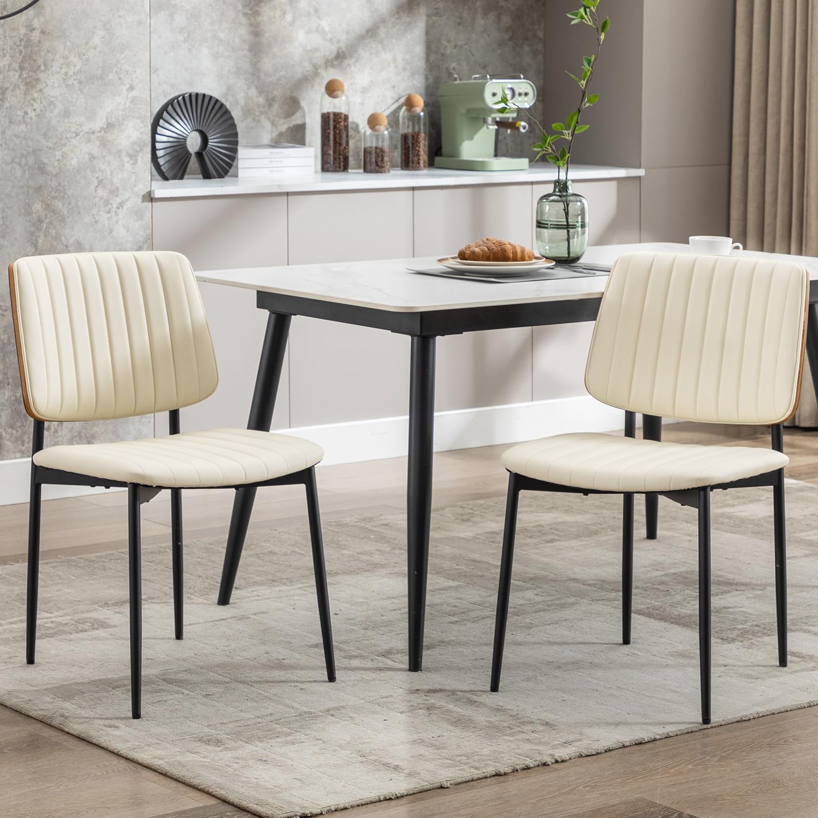 Leather Dining Chairs Set of 4, Mid Century Modern Dining Chairs with Bentwood Backrest and Upholster Seat,Armless Kitchen Chairs with Metal Legs Adjustable Foot for Dining Room(Beige)