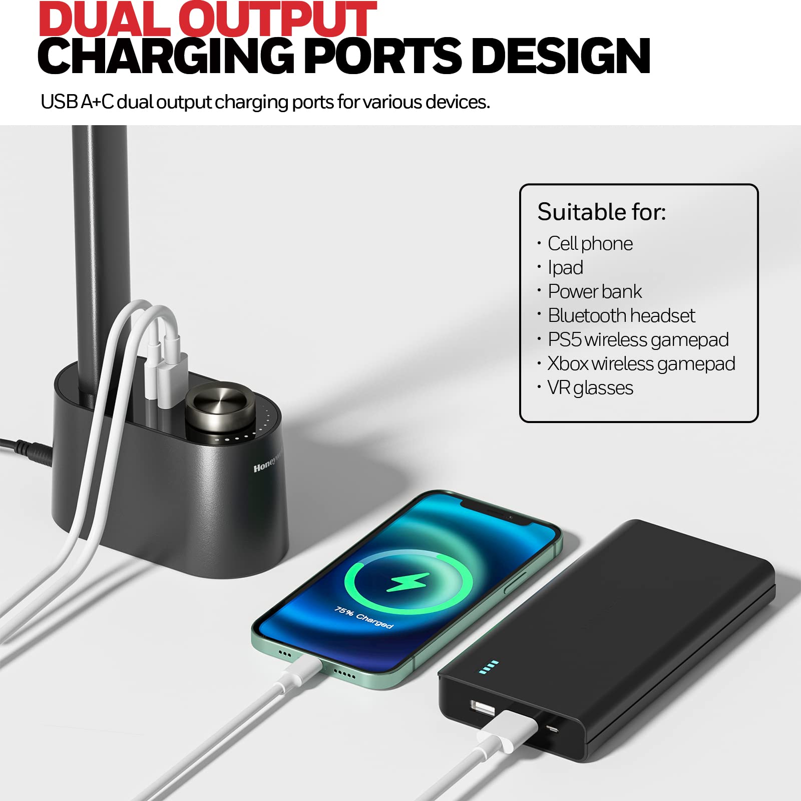LED Desk Lamp with USB Charging Ports HWT-H01 - Stepless Dimmable Eye Caring Desk Light for Home Office Bedroom Bedside College Dorm, Foldable Table Lamp Reading Lamp Black