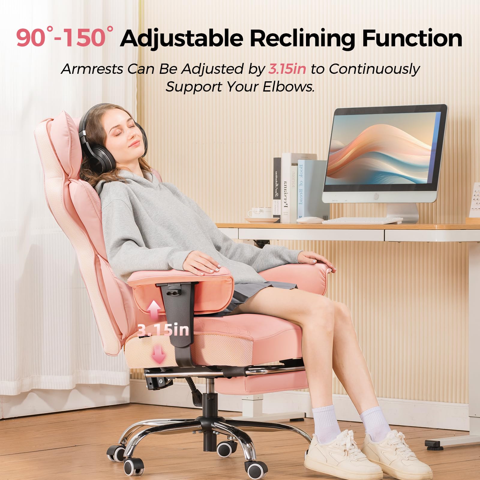 Desk Office Chair Big and Tall Office Chairs Ergonomic Gaming Chairs with Wide Seat Leather High Back Chair with Foot Rest Adjustable Armrests Pocket Spring Lumbar Support