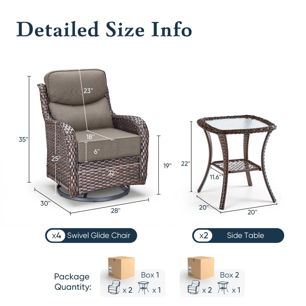 Luxury 6" Thick Cushioned Outdoor Swivel Rocker Patio Chairs Set of 4 with Side Table, High Back Wicker Furniture Set with Ergonomic Zone Back, Conversation Set for Deck Porch - Brown+Beige