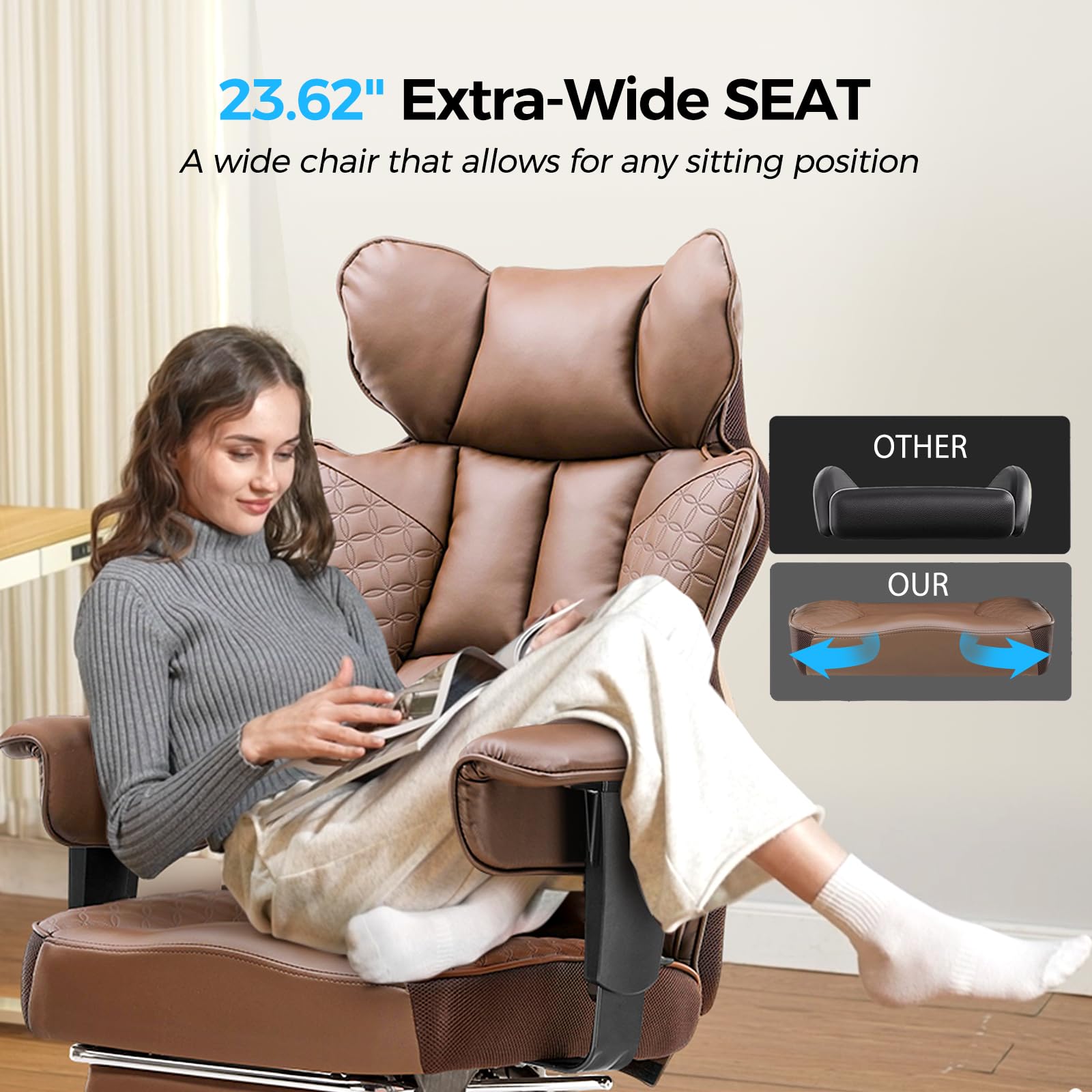 Big and Tall Gaming Chair 400lbs Heavy Duty Office Chair with Foot Rest & Ergonomic Pocket Spring Lumbar Support, High Back 3D Saddle Shaped Cushion for Back Pain Relief, Brown