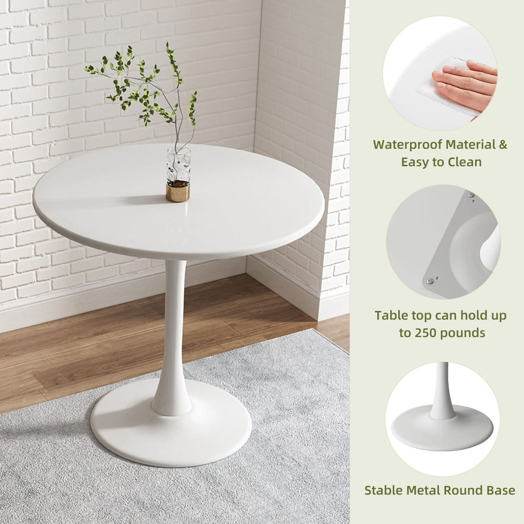 Round Dining Table 31.5" Circle Tulip Table with Wood Thickened Tabletop & Sturdy Metal Pedestal Mid Century Modern Leisure Bistro Kitchen Tables 4 People Small Places Living Room Cafe,White