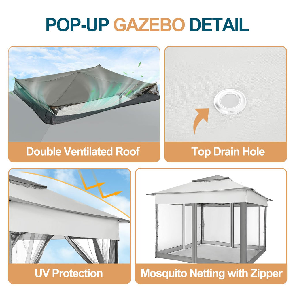11x11 Pop Up Gazebo Canopy Tent Easy Up Outdoor Gazebo Waterproof Upgrade Portable Gazebo with Mosquito Nettings, Double Vented Roof and Carry Bag for Patio Garden Lawn(Gray)