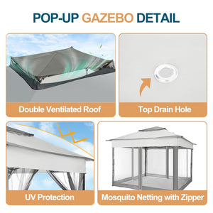 11x11 Pop Up Gazebo Canopy Tent Easy Up Outdoor Gazebo Waterproof Upgrade Portable Gazebo with Mosquito Nettings, Double Vented Roof and Carry Bag for Patio Garden Lawn(Gray)