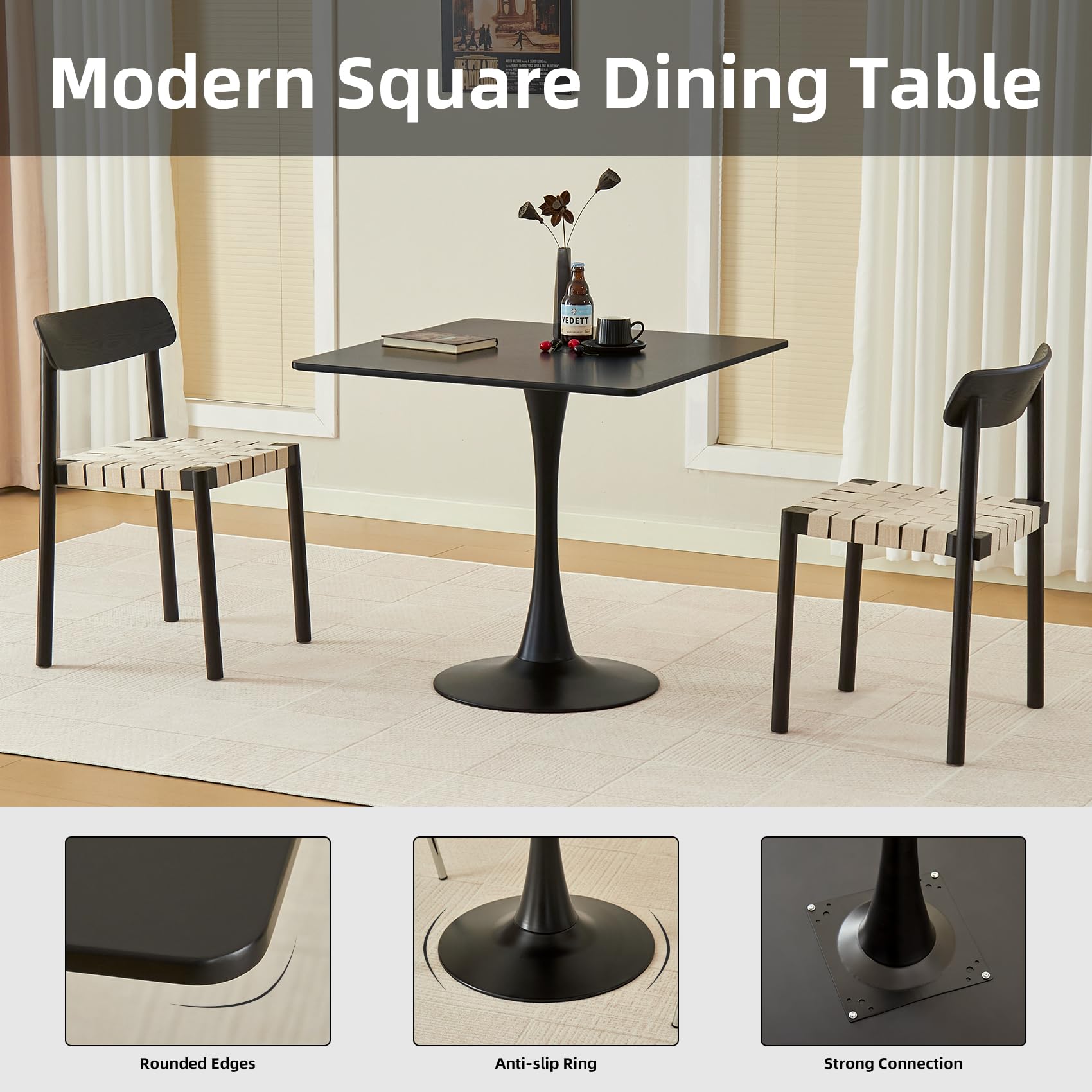 Square Dining Table, 31.5" Tulip Table with Thickened Tabletop & Metal Pedestal, Mid Century Modern Bistro Table for Kitchen, Small Places, Living Room, Cafe (Black)
