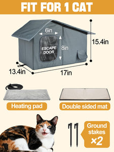 Weatherproof Heated Cat Houses for Outdoor Cats - Insulated Cat Shelter for Winter with Thermostatic Heating Pad and Escape Door, Warm Outside Pet House Gift for 1 Feral Cats (Small)