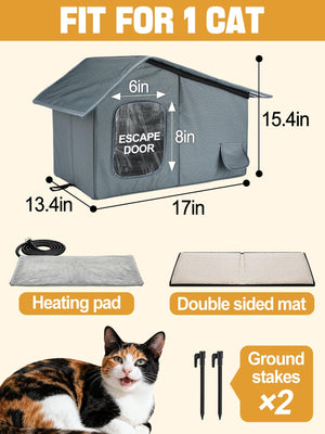 Weatherproof Heated Cat Houses for Outdoor Cats - Insulated Cat Shelter for Winter with Thermostatic Heating Pad and Escape Door, Warm Outside Pet House Gift for 1 Feral Cats (Small)