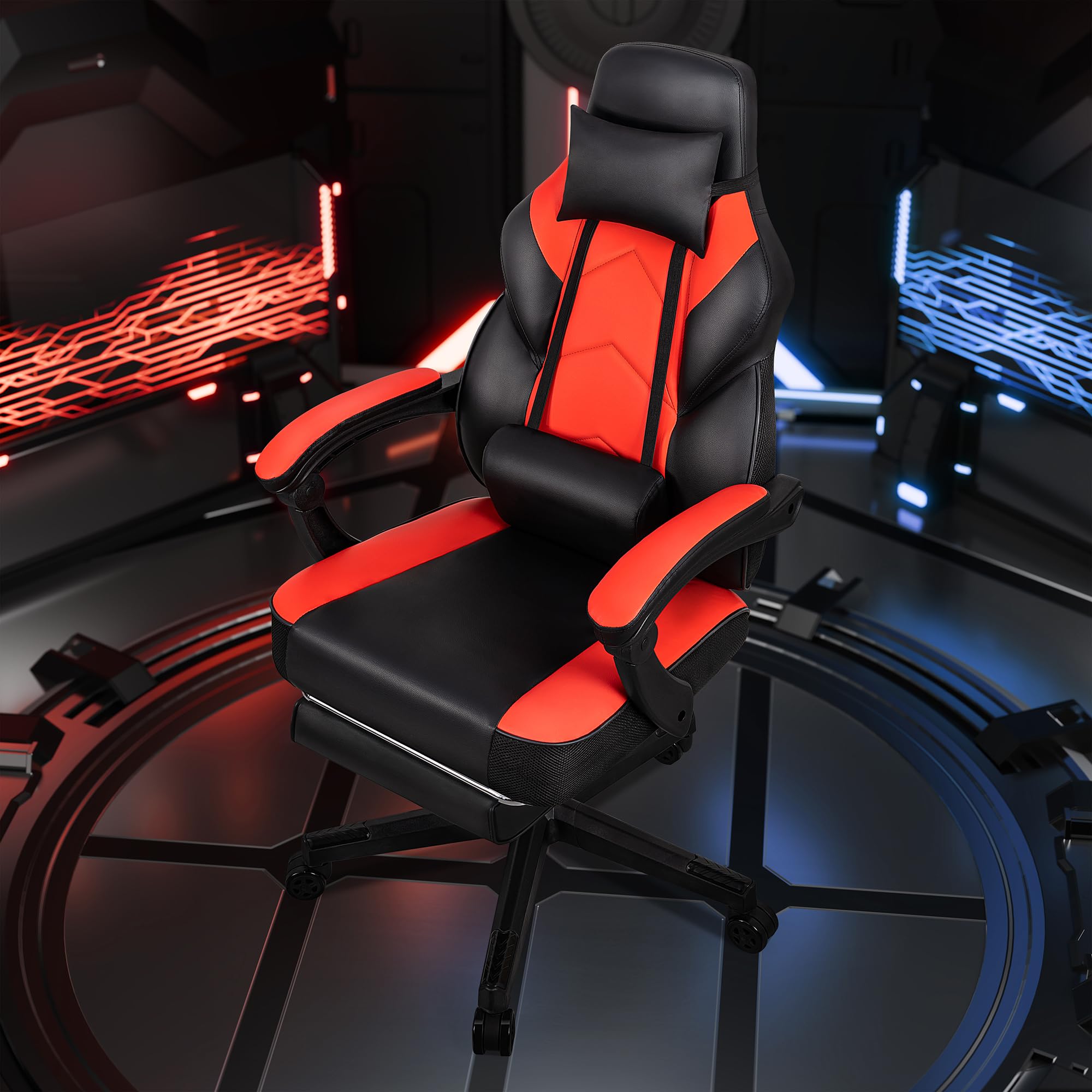 Gaming Chairs for Adults, Computer Chair with Footrest, High Back, Big and Tall Gamer Chair‘s with Massage Lumbar Support, 360° Swivel Height Adjustable Computer Chaires, Dark Red