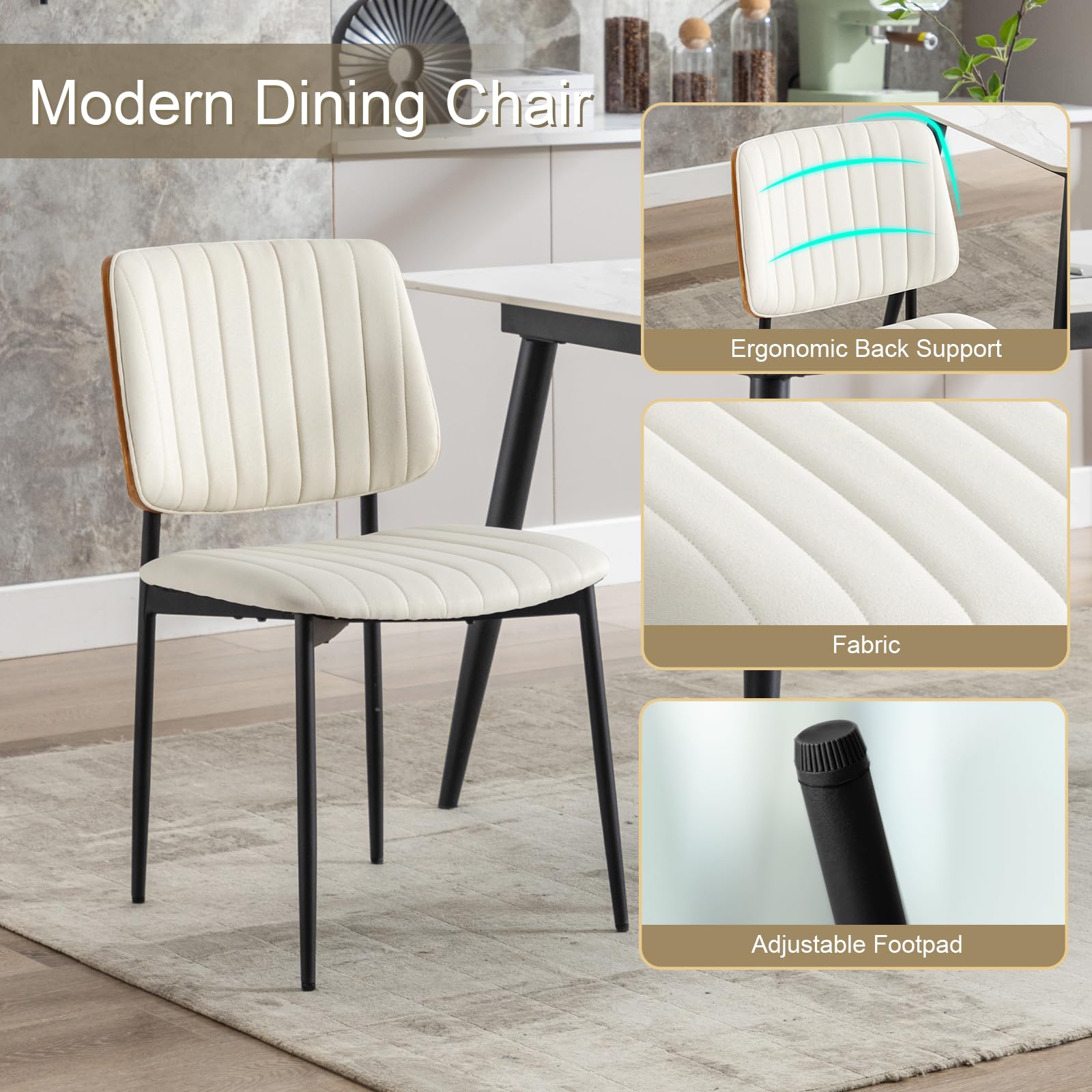 Fabric Dining Chairs Set of 4, Mid Century Modern Dining Chairs with Bentwood Backrest and Upholster Seat,Armless Kitchen Chairs with Metal Legs Adjustable Foot for Dining Room(Grey Bentwood)