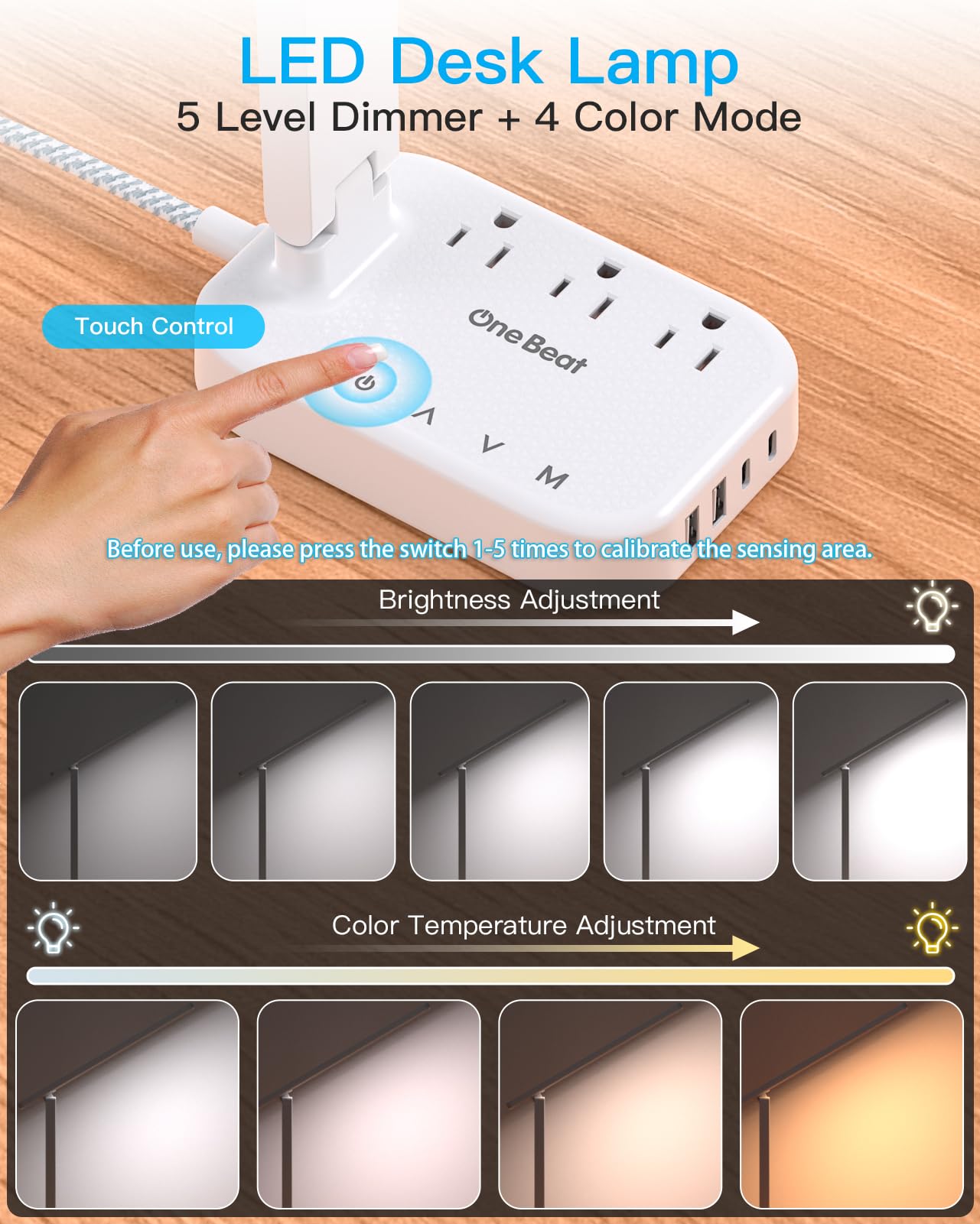 LED Small Desk Lamp Power Strip 5ft Extension Cord, 3 Outlets, 4 USB Ports(2 USB C), 4 Modes, 5 Level Touch- Home, Office, Bedroom, Bedside, Study Reading Light, Dorm Room Essentials, White