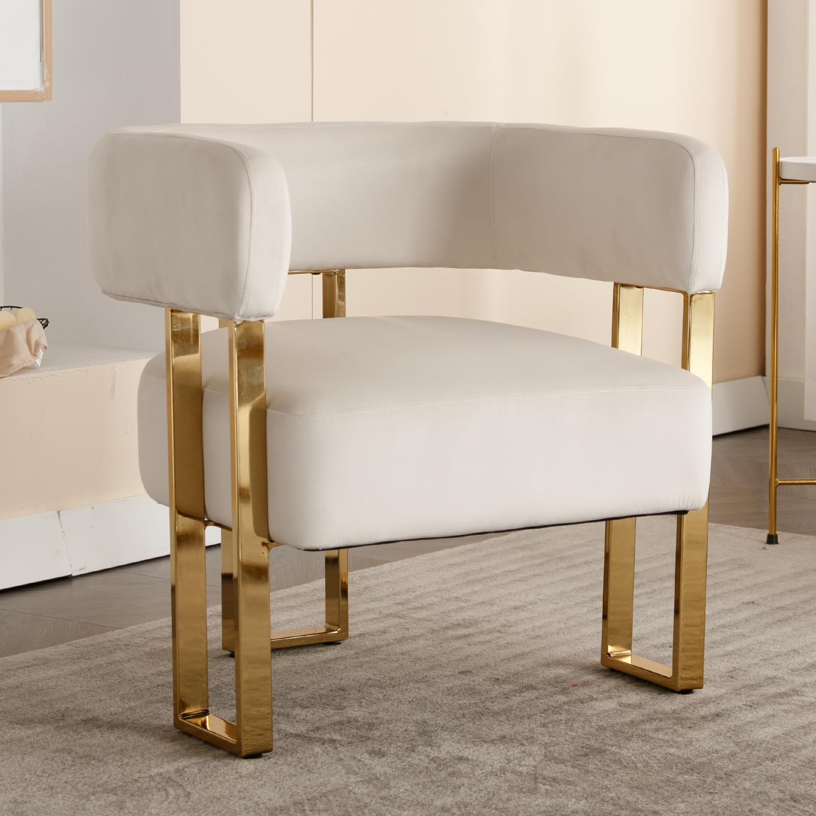 Modern Barrel Accent Chair, Velvet Fabric Living Room Chair with Gold Metal Legs, Comfy Upholstered Single Sofa Armchair Side Chair for Lounge/Bedroom/Reading, Beige