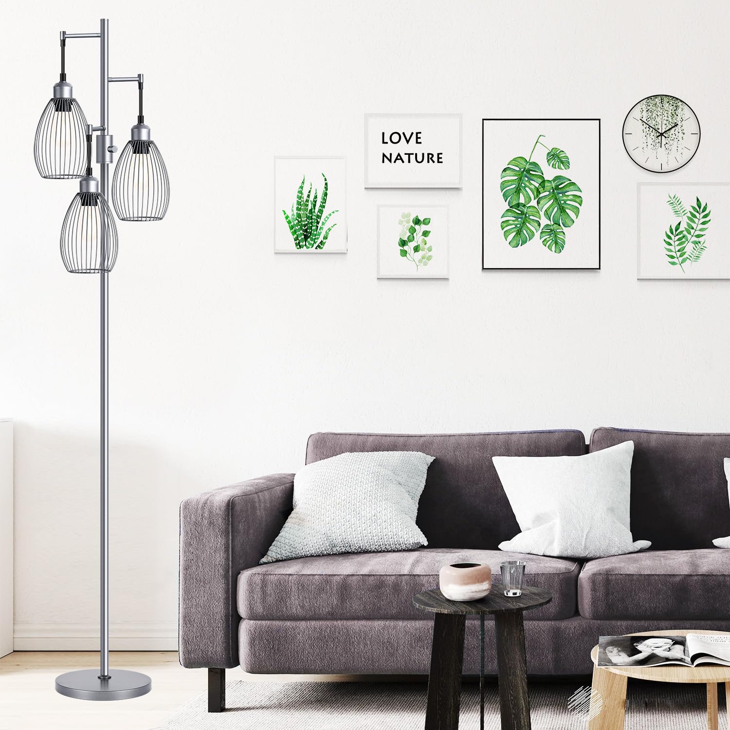 Dimmable Floor Lamp, 3 x 800LM LED Edison Bulbs Included, Industrial Floor Lamp Standing Tree Lamp with Elegant Teardrop Cage Heads Tall Lamps for Living Room Bedroom-Grey
