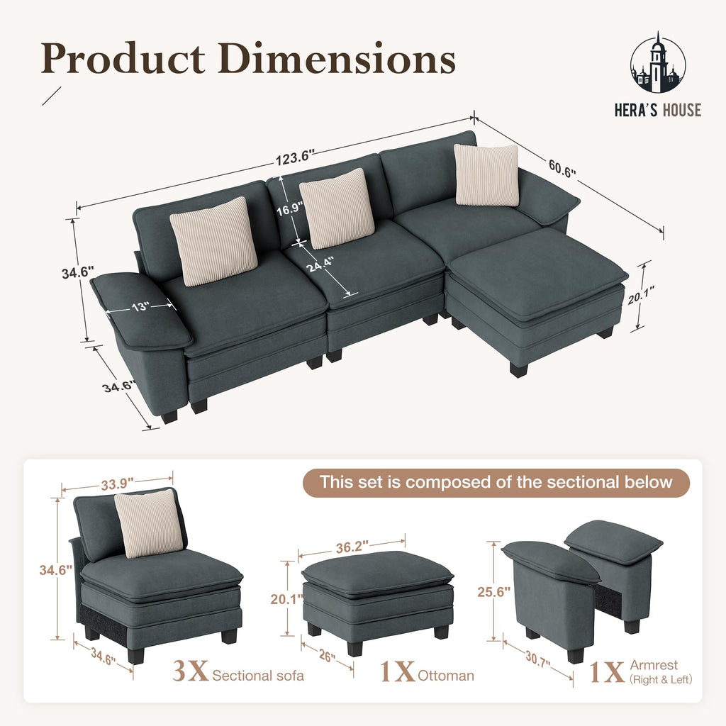 124" Modular Sectional Sofa, Oversized L Shaped Couches for Living Room, Comfy Cloud Couch with Ottoman, 4-Seater Deep Seat Sofa with Throw Pillow, Chenille Blue