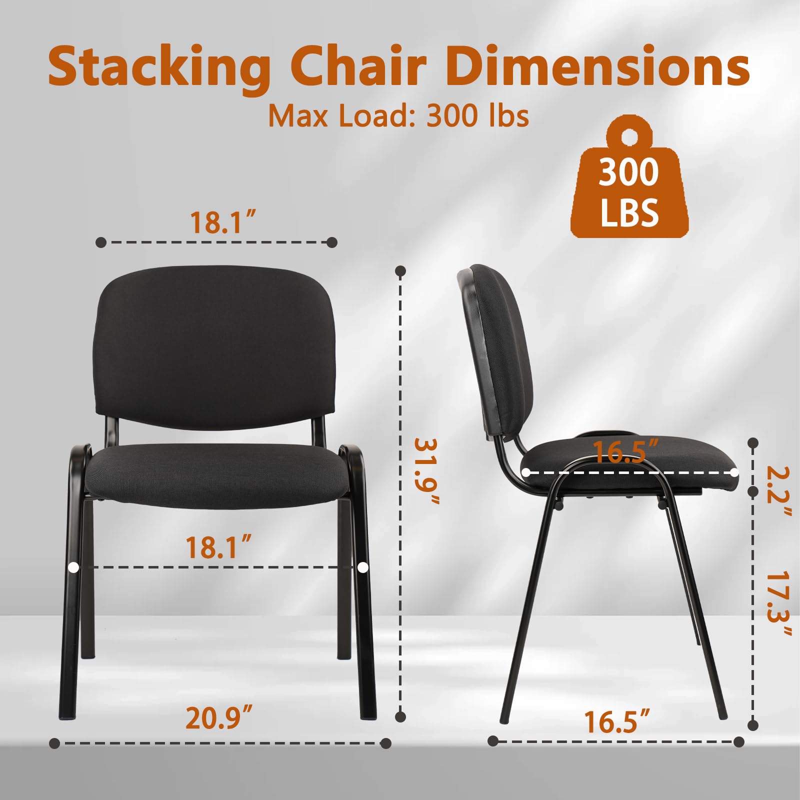 Set of 5 Pack Stackable Waiting Room Chairs Fabric Black Reception Chair Metal with Thickened Seat Back Cushion for Waiting Conference Room Guest Stool (5 Pack)