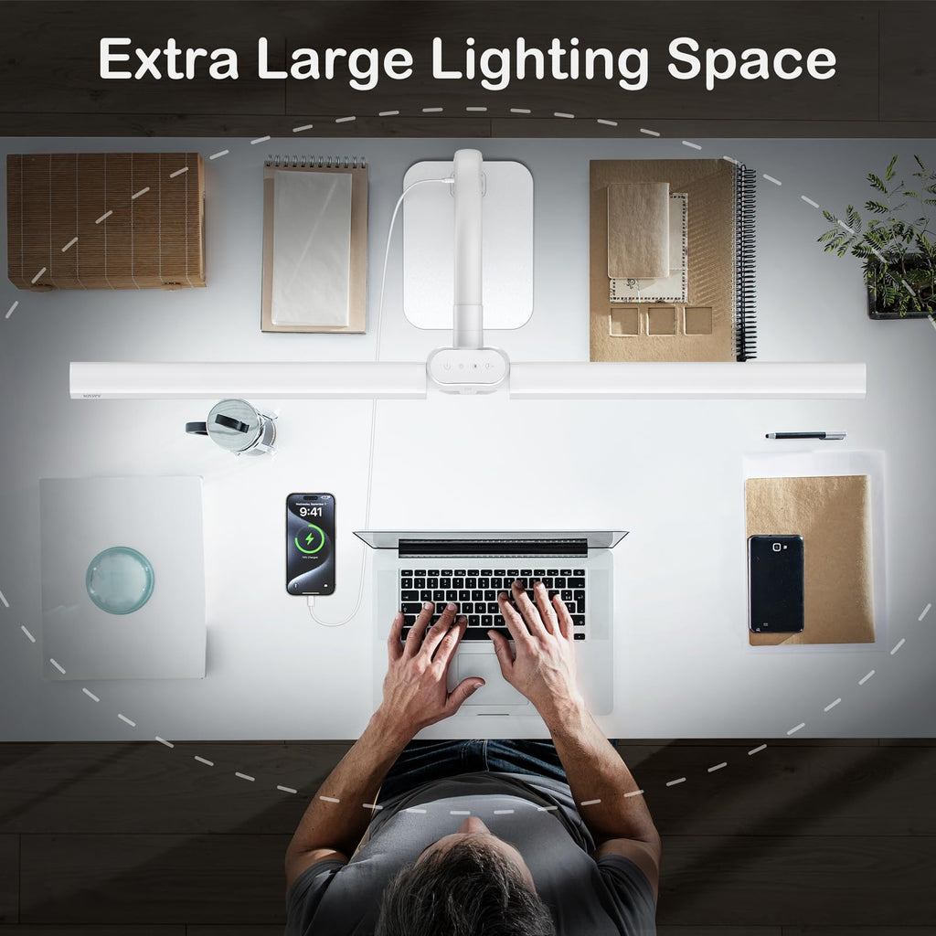 Desk Lamp with USB Charging Port for Home Office 24w Architect Remote Base Dual Task Led Light Modern 5 Color Modes Dimmable Adjustable Gooseneck Double Head Reading Drafting Eye Caring Tall Lamps