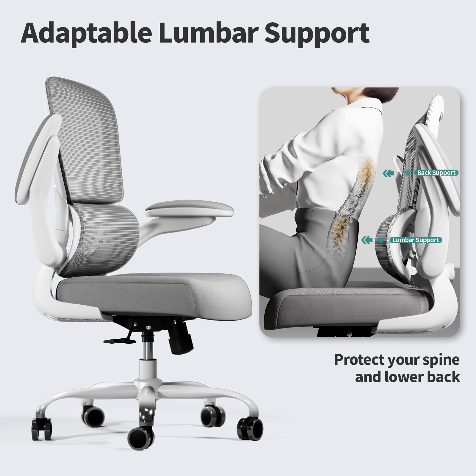 Office Chair - Ergonomic Desk Chair with Adjustable Lumbar Support, Mesh Computer Chair, Executive Chairs for Home Office Comfortable Lumbar Support (Ash Gray)