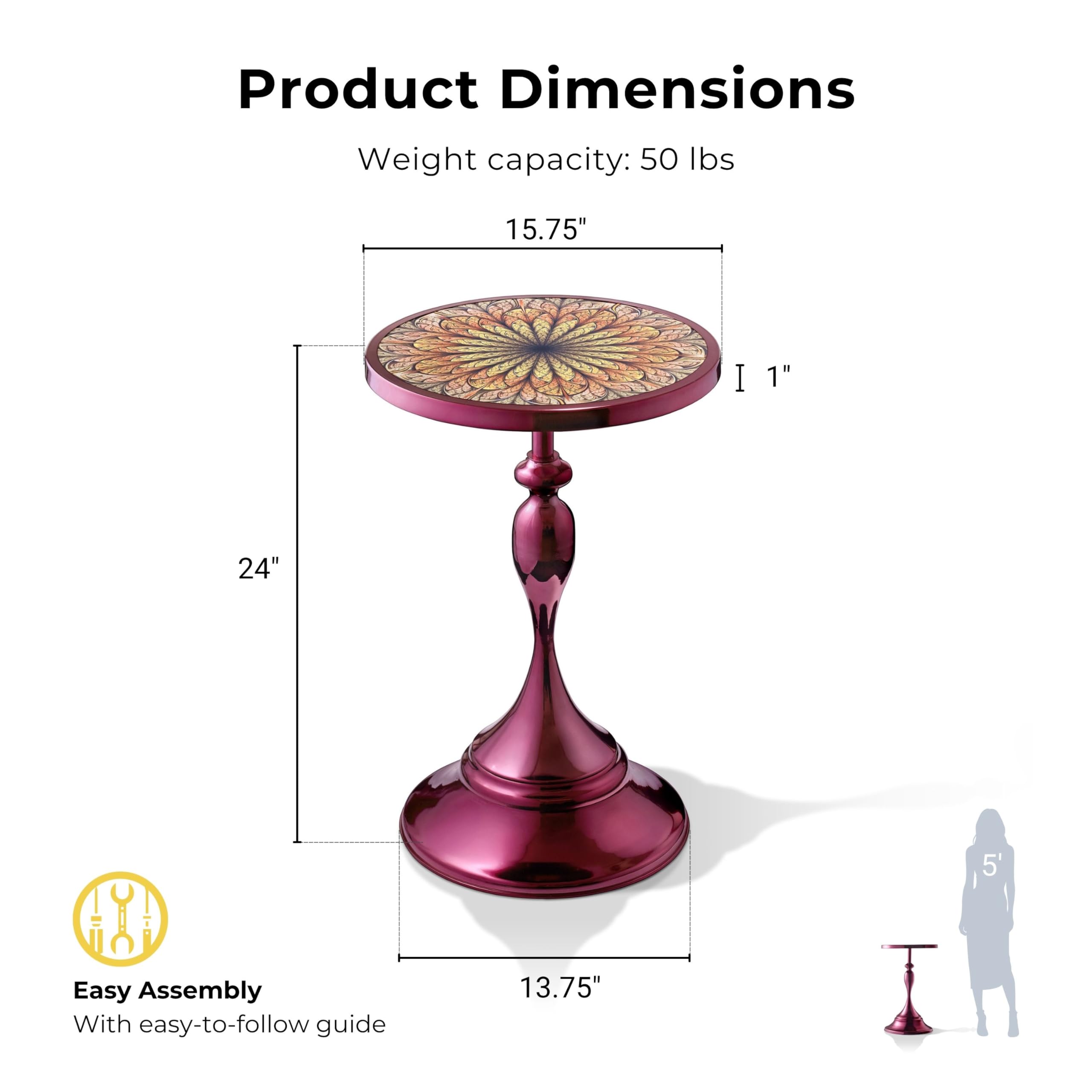 Modern 24" Tall Round End Table with Decorated Tabletop and Iron Metal Base, Accent Furniture, Elegant Pedestal Stand for Living Room, Home Office, Chrome Purple