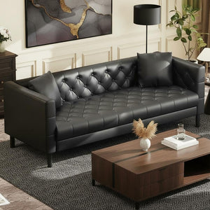 81 in Leather Couch for Living Room, Modern Leather Sofa with Deep Seat, Handmade Button Tufted 3 Seater Sofa, Chesterfield Couch for Apartment or Office, Black