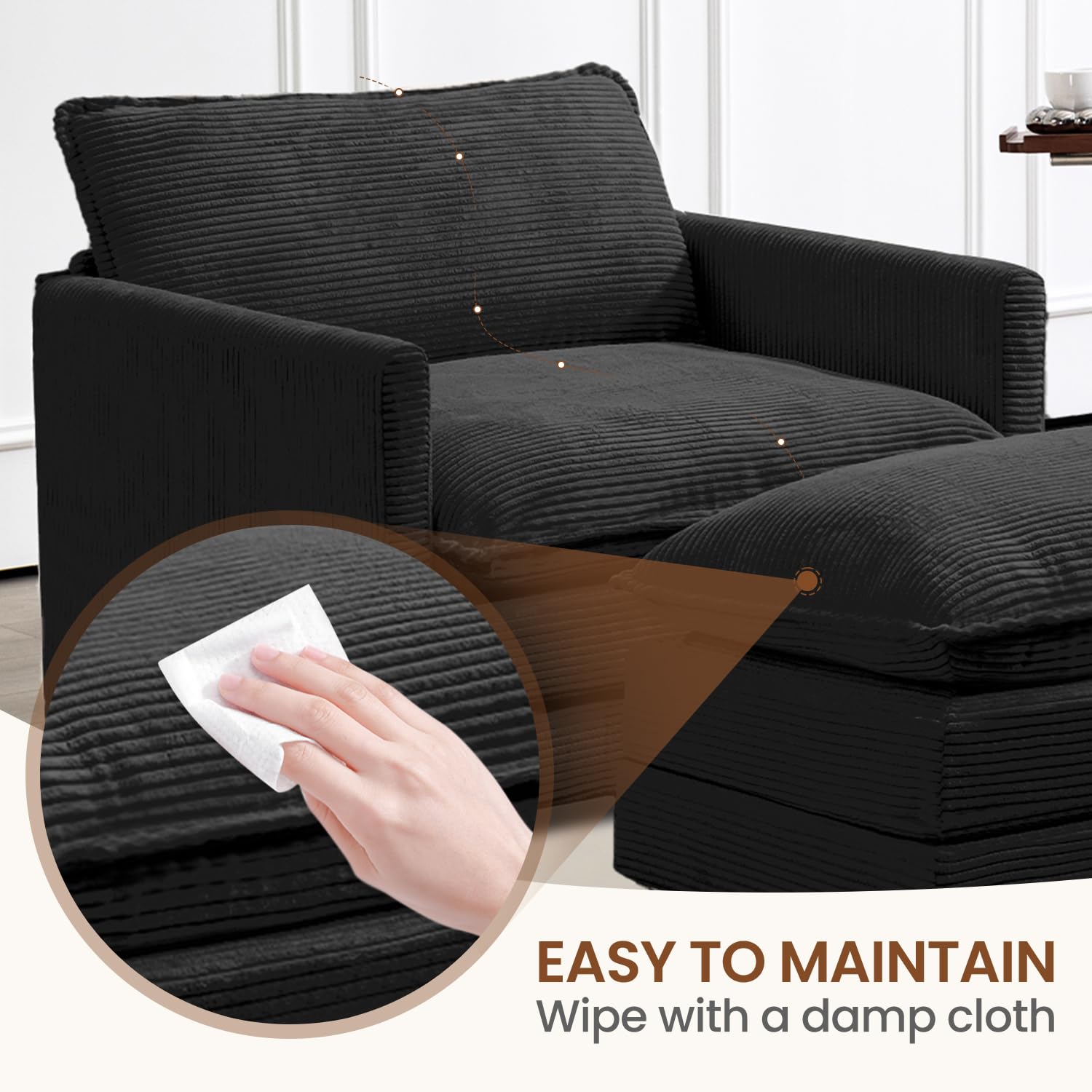 Single Armchair with Ottoman, Modern Corduroy Cloud Couch with Convertible Chaise, Upholstered Sofa Set for Living Room, Black
