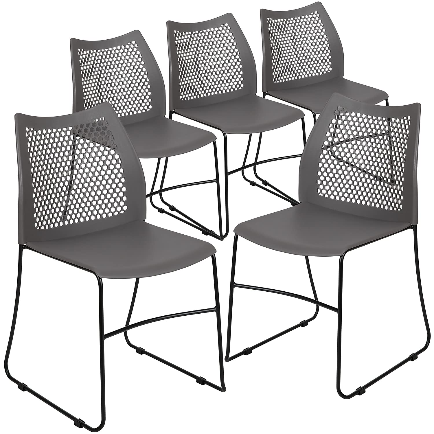 Set of 5 Gray, Hercules Series Contoured Lobby Chairs with Air-Vent Honeycomb Backs, Ergonomic Stacking Chairs for Offices,