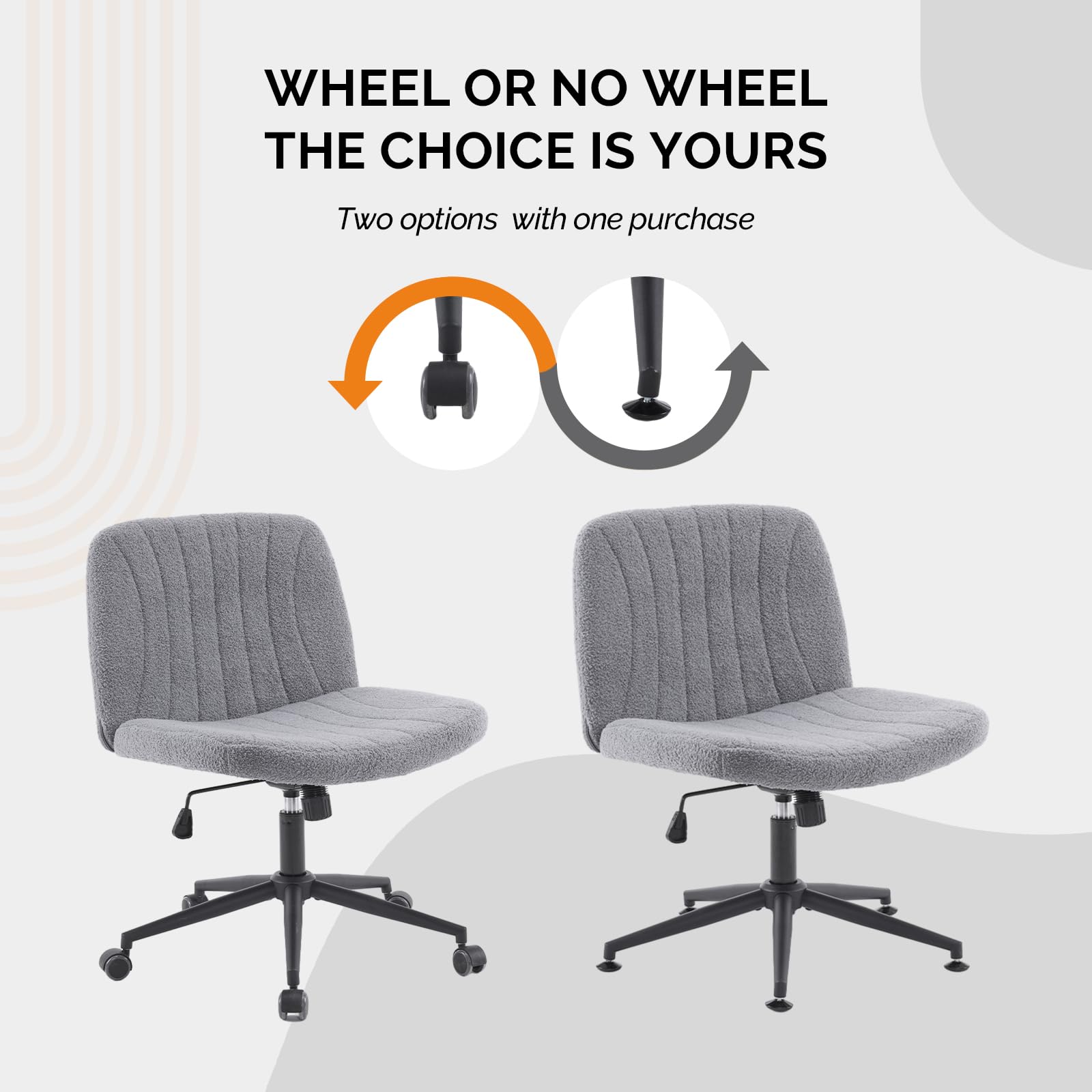 Criss Cross Legged Chair,Wide Comfy Office Desk Chair,Dual-Use with/no Wheels Computer Task Chair,Swivel Armless Vanity Boucle Chair for Study,Make Up,Home Office,Teddy Fleece,Dark Grey