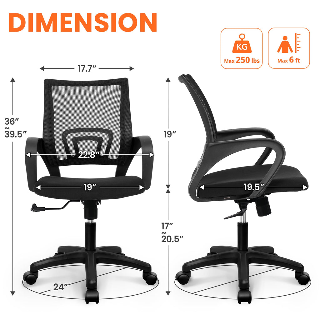 Office Desk Computer Chair Ergonomic Mesh Gaming Cushion Seat with Comfy Lumbar Mid Back Support Adjustable Height Swivel Rolling Wheels for Home Task (Mesh Black)