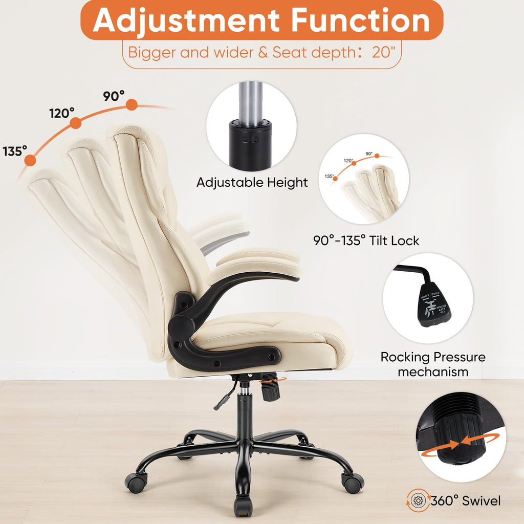 Ergonomic Office Chair - Heavy Duty Task Desk Chair with Flip-up Armrest, PU Leather, Height Adjustable & Swivel Rolling Chair with Wheels, Beige