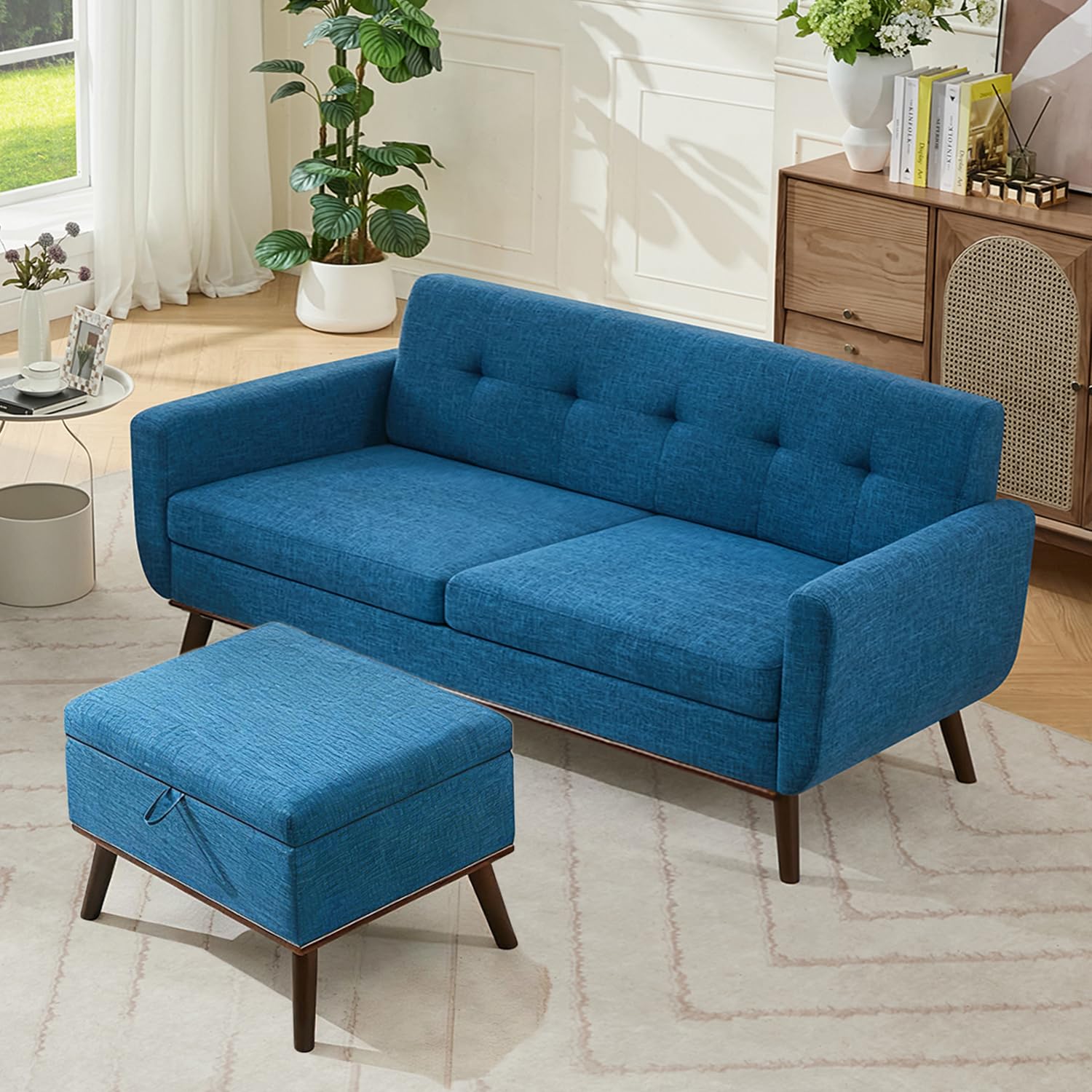 Living Room Furniture Sets, Standard & Accent Chair, Mid Century Modern Decor Sofa Couches, Button Tufted Upholstered Furniture, Blue