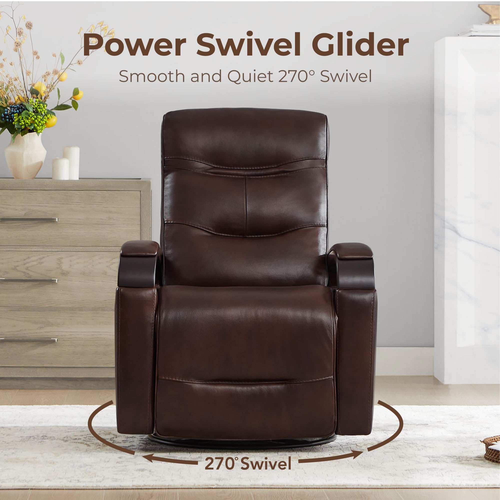 Genuine Leather Power Swivel Glider Rocker Recliner, FSC Certified Mid Century Modern Recliner Chair for Adults, Adjustable Power Headrest, for Nursery and Living Room, Cognac Brown