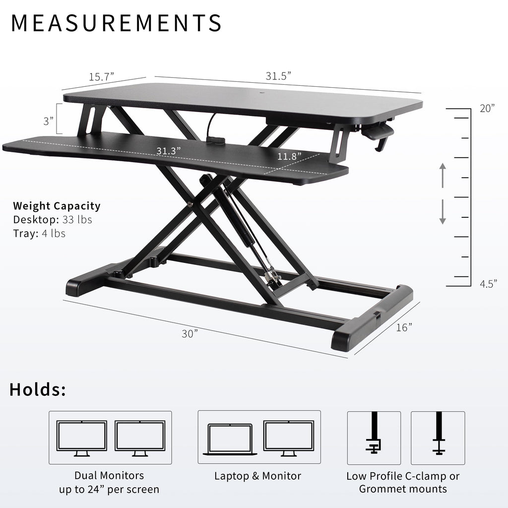 32 inch Desk Converter, K Series, Height Adjustable Sit to Stand Riser, Dual Monitor and Laptop Workstation with Wide Keyboard Tray, Black, DESK-V000K