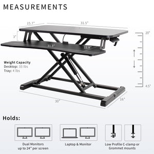 32 inch Desk Converter, K Series, Height Adjustable Sit to Stand Riser, Dual Monitor and Laptop Workstation with Wide Keyboard Tray, Black, DESK-V000K