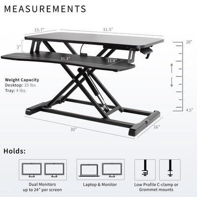 32 inch Desk Converter, K Series, Height Adjustable Sit to Stand Riser, Dual Monitor and Laptop Workstation with Wide Keyboard Tray, Black, DESK-V000K