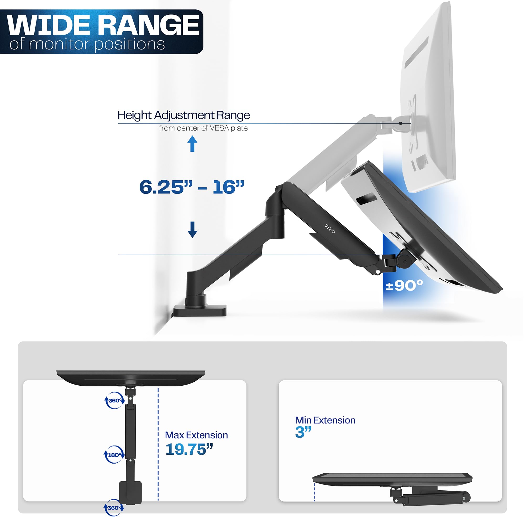 Single 17 to 32 inch Monitor Height Adjustable Counterbalance Mechanical Arm Desk Stand, Classic, Universal VESA Mount, STAND-V001O