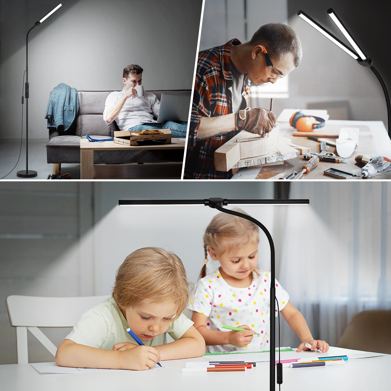 LED Floor Lamp with Remote Control, Bright 18W Floor Lamps for Living Room with Double Head, Adjustable Gooseneck Standing Lamp, Eye Caring Reading Light for Eyelash Extetions Craft Office