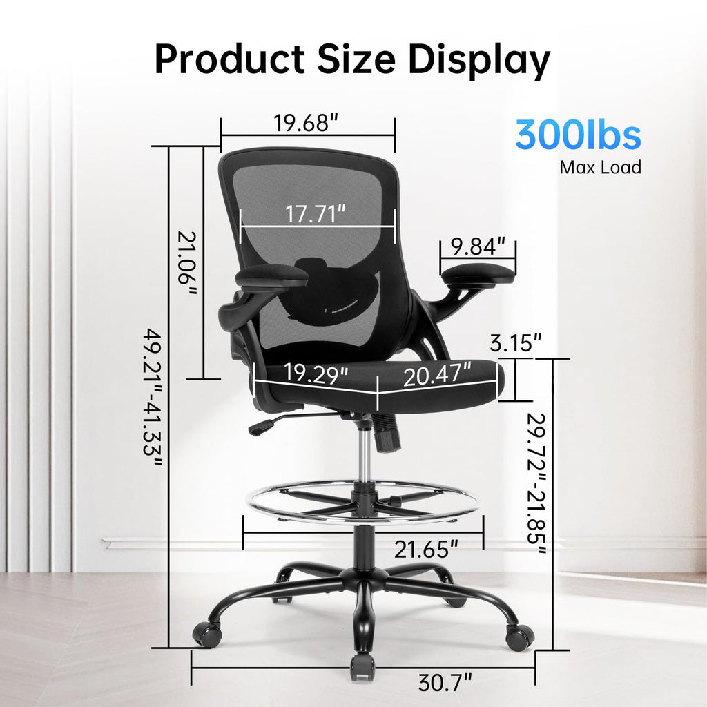 Drafting Chair Ergonomic Computer Standing Desk Chair with Flip-Up Arms and Lumbar Support, Tall Office Chair with Adjustable Footrest, Stool Counter Height Office Chairs Black