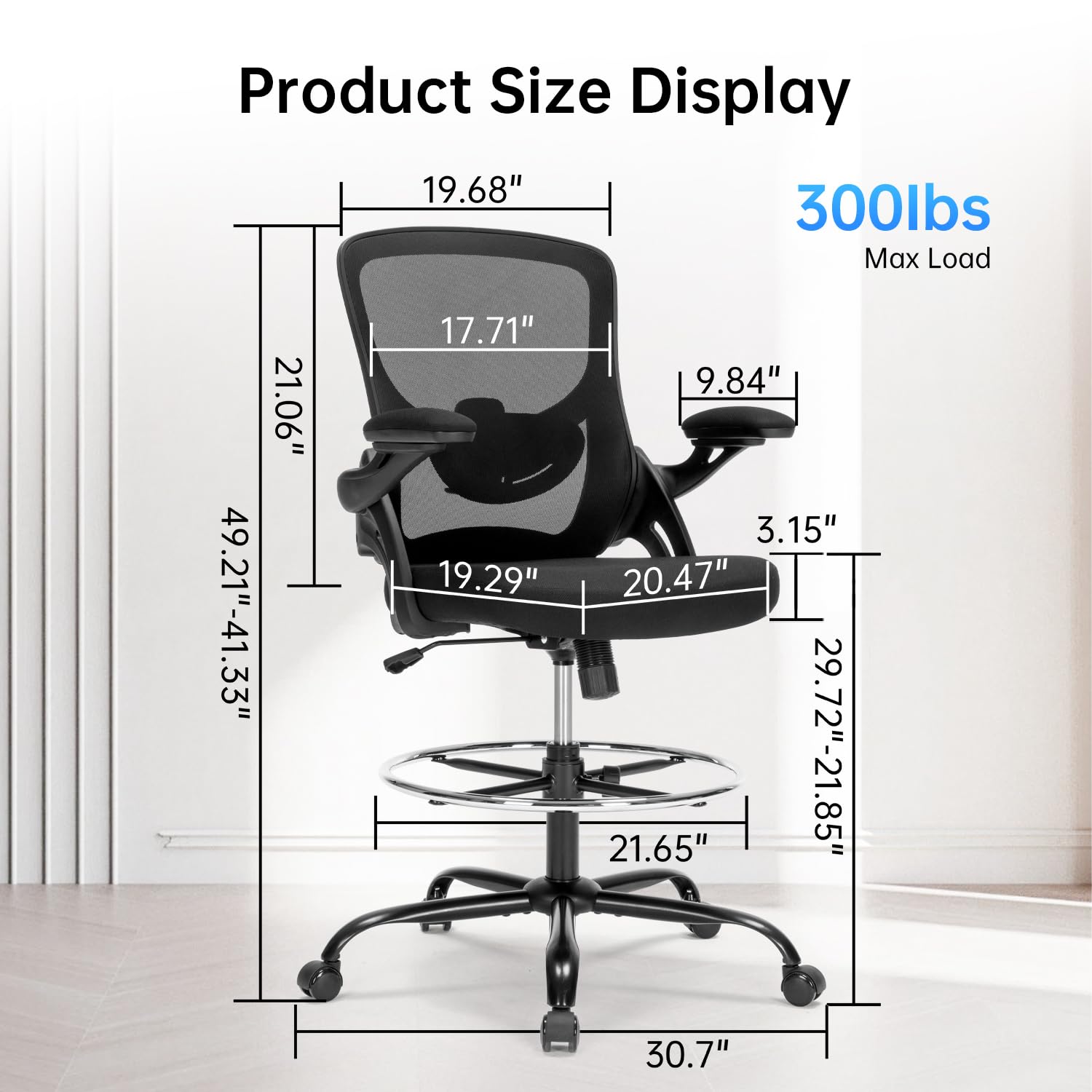 Drafting Chair Ergonomic Computer Standing Desk Chair with Flip-Up Arms and Lumbar Support, Tall Office Chair with Adjustable Footrest, Stool Counter Height Office Chairs Black