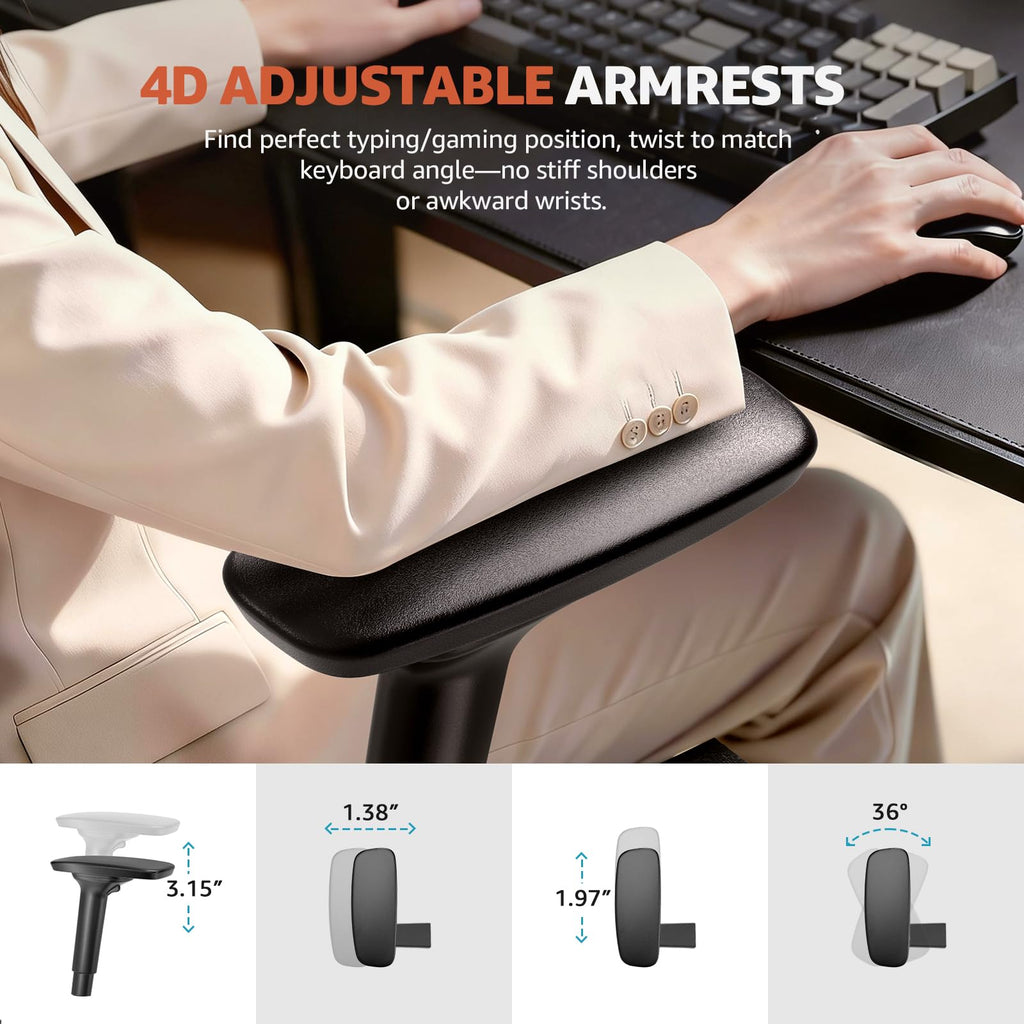 Office Chair Ergonomic Desk Chair High-Back Mesh Desk Chair with Adjustable Lumbar Support and Headrest 4D Armrests for Long Hours Sitting Black