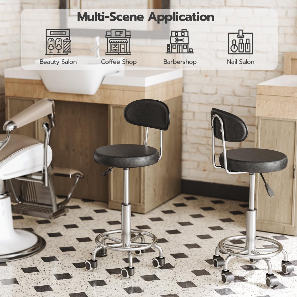 Height Adjustable Rolling Stool, 360° Rotating Drafting Chair, Multi-Purpose Office Desk Chair, Rolling Swivel Salon Stool Chair, for Barber Shop, Nail Salon, Office, Black SB01BY01G1