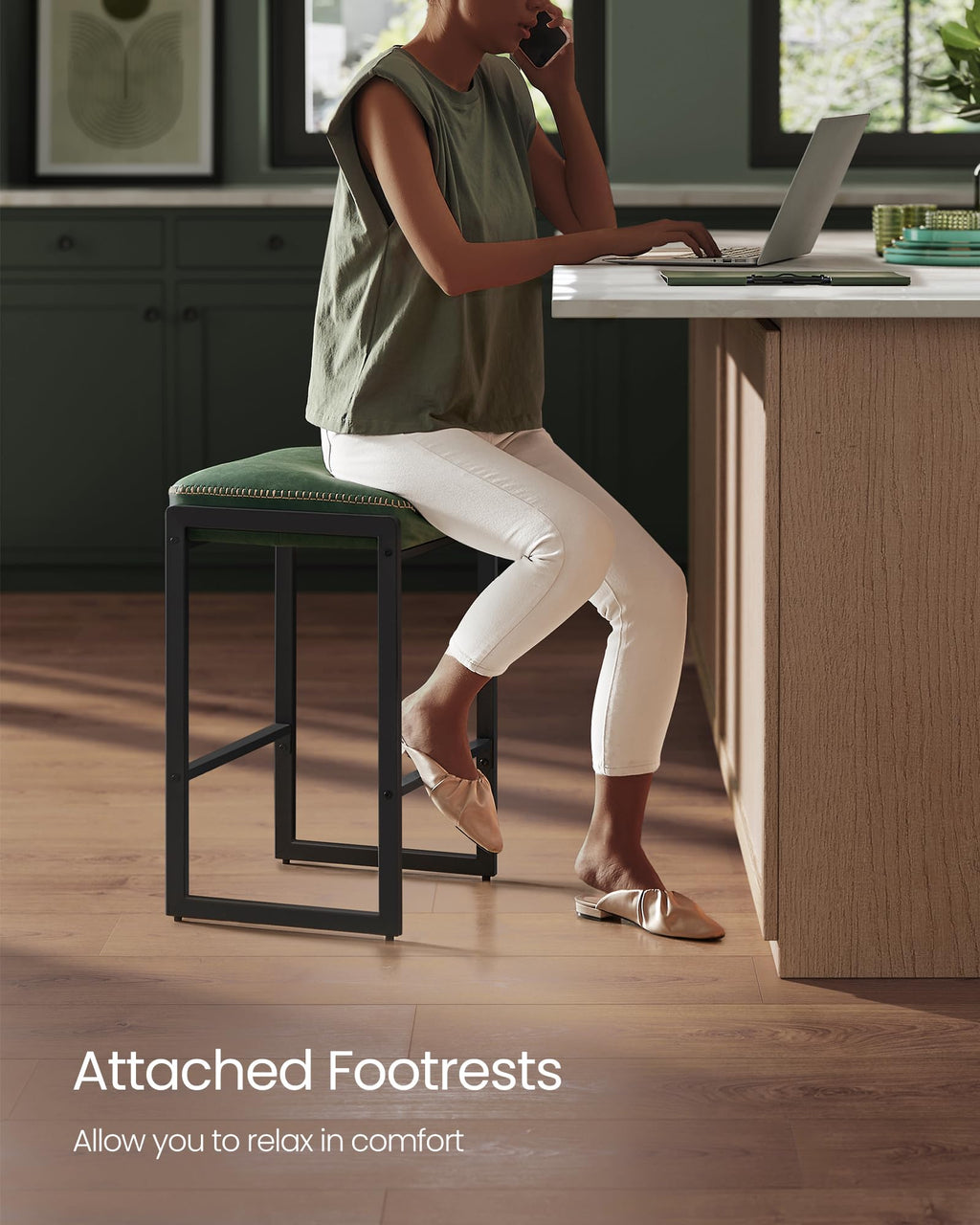 Bar Stools Set of 2, Counter Height Bar Stools, Synthetic Leather with Stitching, Mid-Century Modern Counter Stools, 26-Inch Tall, Kichen Home Bar Dining Room, Forest Green