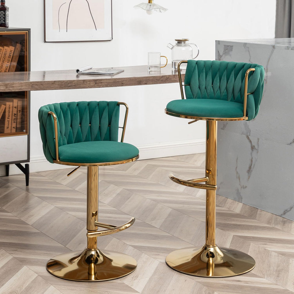 Gold Velvet Bar Stools Set of 2, Swivel Counter Height Bar Stools with Back, Adjustable Woven Barstools for Kitchen Island, Pub, Club (Green)
