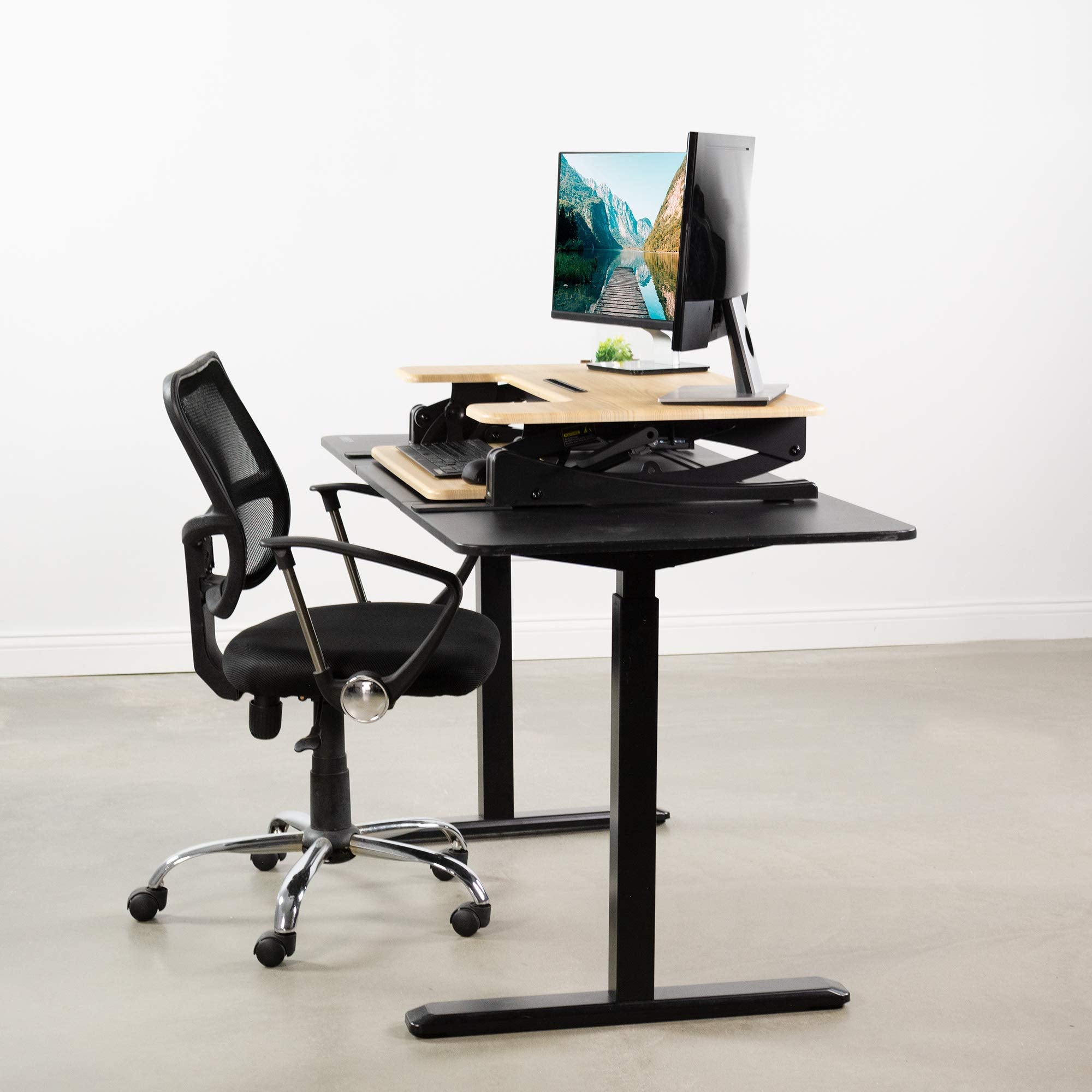 36 inch Height Adjustable Stand Up Desk Converter, V Series, Quick Sit to Stand Tabletop Dual Monitor Riser Workstation, Light Wood Top, Black Frame, DESK-V000VO