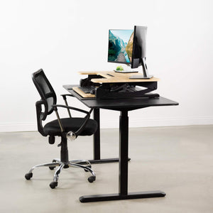 36 inch Height Adjustable Stand Up Desk Converter, V Series, Quick Sit to Stand Tabletop Dual Monitor Riser Workstation, Light Wood Top, Black Frame, DESK-V000VO