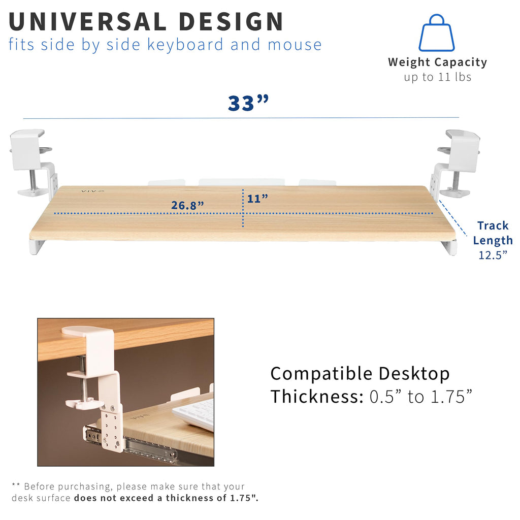 Large Height Adjustable Under Desk Keyboard Tray, C-clamp Mount System, 27 (33 Including Clamps) x 11 inch Slide-Out Platform for Typing, Light Wood, MOUNT-KB05HA