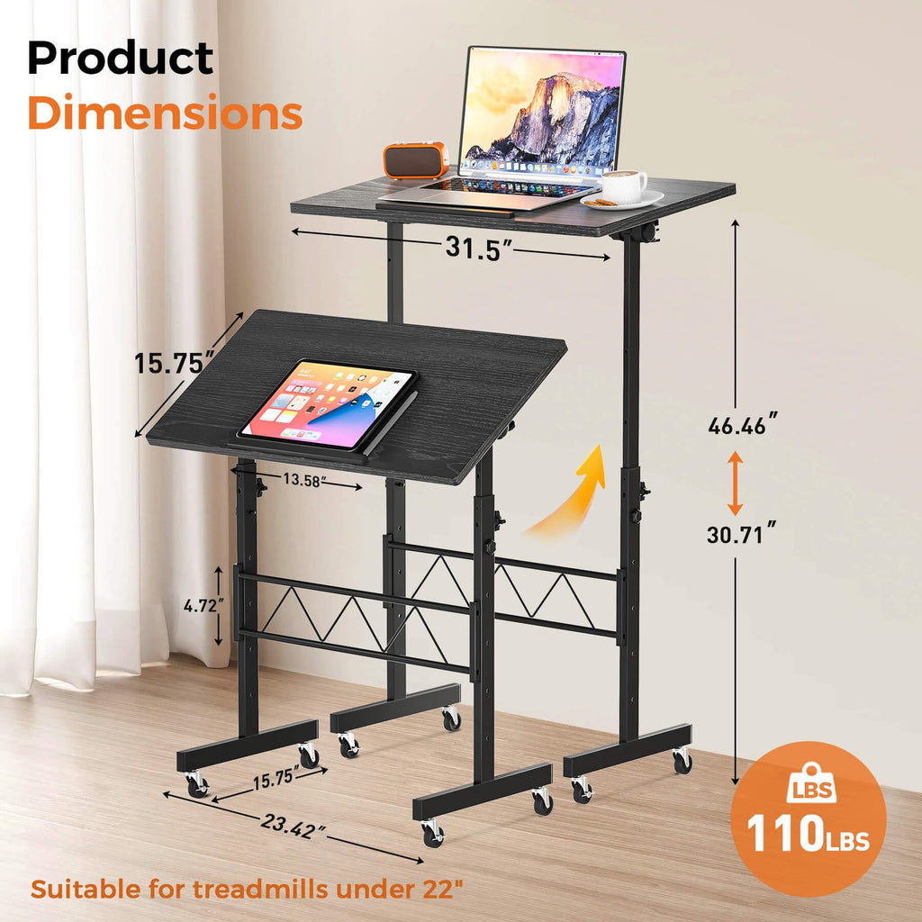 Standing Desk Adjustable Height & Tiltable Tabletop, Portable Stand Up Desk for Laptop, Mobile Folding Desk for Home Office Work and Walking Pad Treadmill, Height 30.7"-46.4", Black
