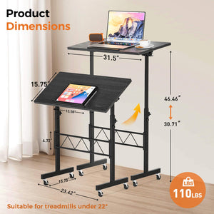 Standing Desk Adjustable Height & Tiltable Tabletop, Portable Stand Up Desk for Laptop, Mobile Folding Desk for Home Office Work and Walking Pad Treadmill, Height 30.7